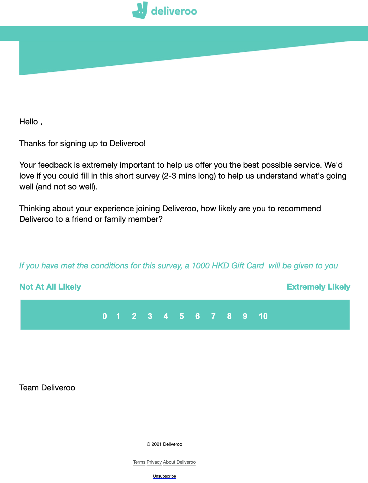 Deliveroo Feedback Survey Phishing Email Hoxhunt